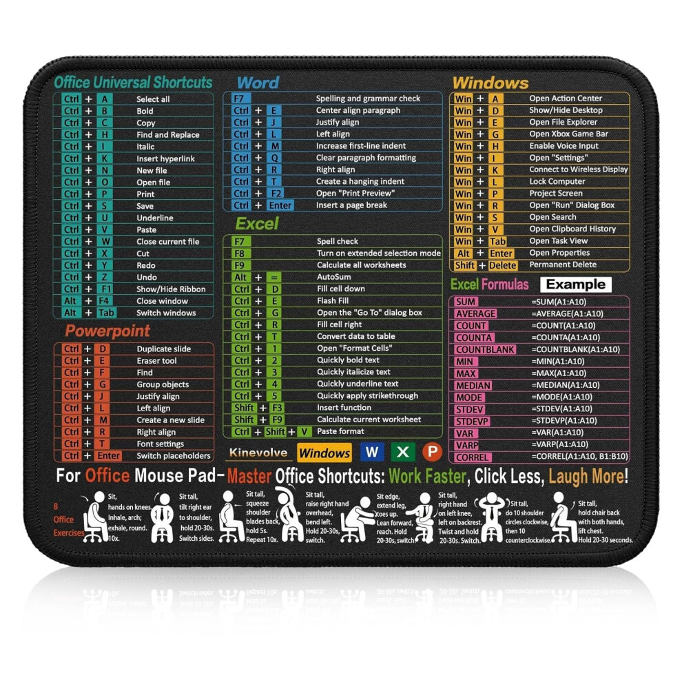 Excel Cheat Sheet Desk Mat & Excel Mouse Mat, Non-Slip Portable Shortcut Keys Keyboard Mousepad, 320X270mm Waterproof Computer Mouse Mat For Office & 758840817264