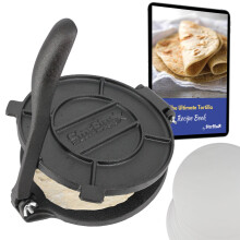20.5cm Cast Iron Tortilla Press by StarBlue with FREE 100 Pieces Oil Paper and Recipes e-book - Tool to make Indian style Chapati, Tortilla, Roti