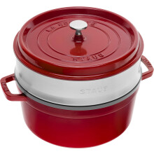 Staub 1004352 Cast Iron Roaster/Cocotte, With Steam Insert, Round 26 cm, 5.2 L, With Matte Black Enamel Inside the Pot, Cherry Red