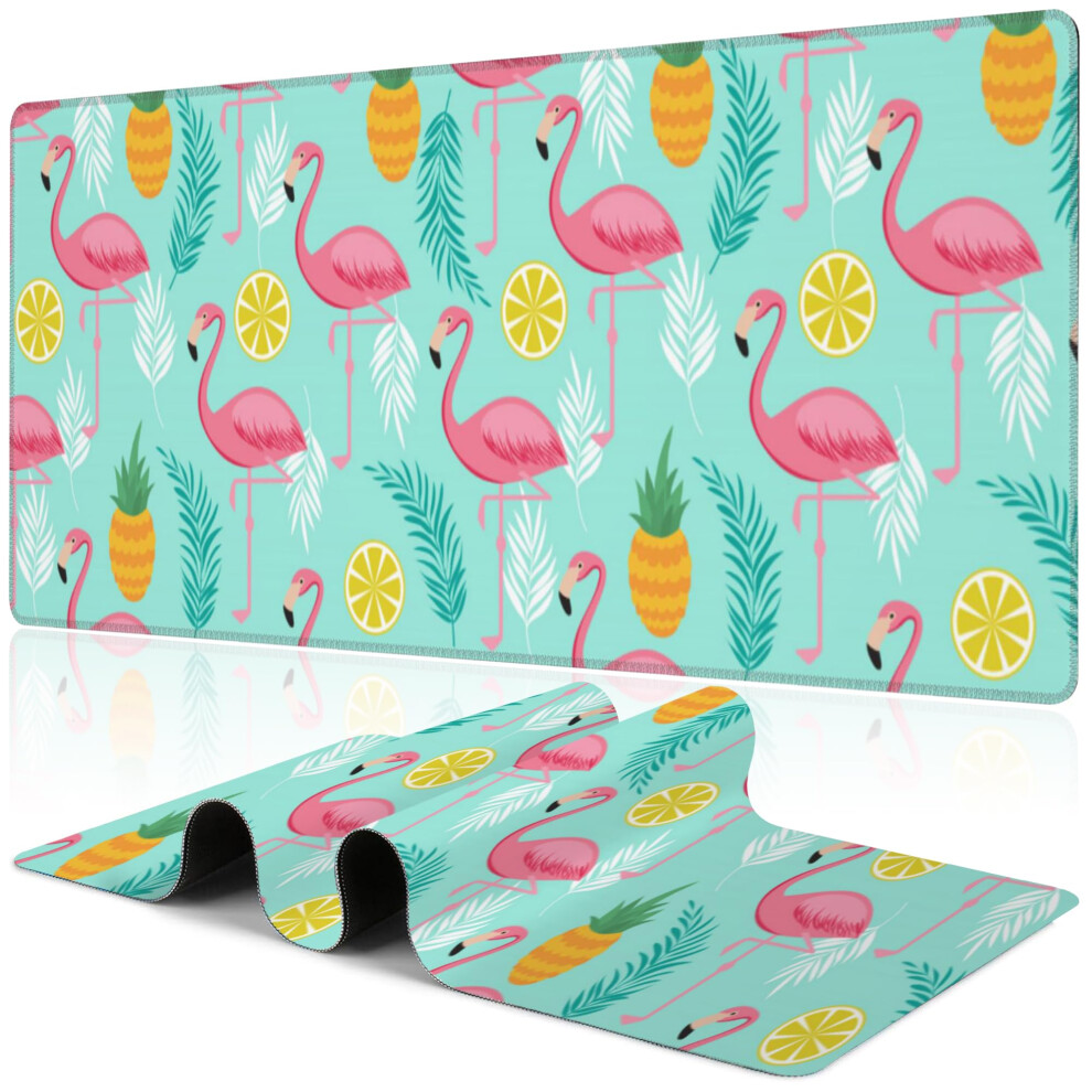 Flamingo Desk Mat,Large Summer Flamingos Pineapples Tropical Leaves Gaming Keyboard Mouse Pad,Non-Slip Rubber Base Desk Pad Thick Stitched Edges Pink 700490947587