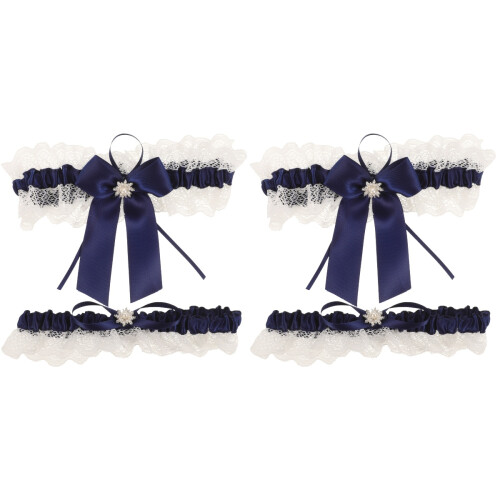 2Sets Donkerblauwe Elastische Bruidskant Garters Leg Decoratie