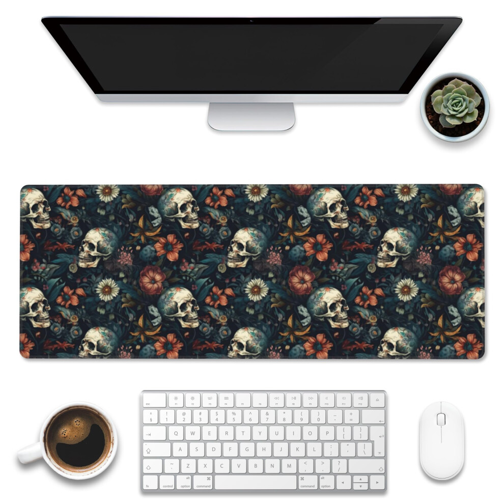 Desk Mat,Skulls With Flowers Large Gaming Mouse Pad Xl,Skull Floral Desk Pad,Extended Big Computer Keyboard Mousepad With Non-Slip Base And Stitched 700490735054