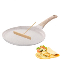WEELOO Non Stick Crepe Pan, Pancake Pan Induction Hob Crepe Pan 24cm with Wooden Batter Spreader, Cast Die-Cast Aluminum Pan with Non-Stick Coating