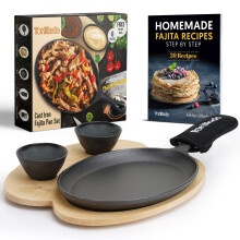 Tortillada - 25cm Fajita Cast Iron Griddle Pan/Fajitas Grill Pan - Includes Wooden Serving Tray + 2 Ceramic Dip Bowls (Set of 1)