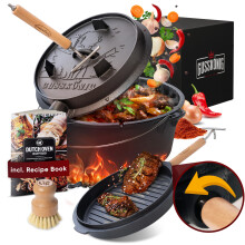 (12L, Mit Füßen) GUSSKÖNIG Dutch Oven Set – Gusseisen Schmortopf eingebrannt mit Deckelheber, Bürste & Rezeptbuch