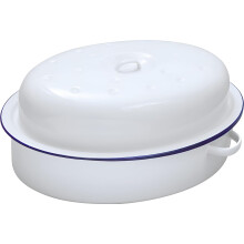 26cm Falcon Enamel Oval Roaster Dish Roasting Oven Baking Tray Tin Casserole Pan Self Basting with Lid Houseware (White with Blue Rim)