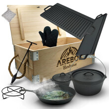 Arebos 9-Piece Dutch Oven Set I Wooden Box I Burnt fire Pot with Lots of Accessories I Incl Protective Gloves I Set Made of cast Iron I Ideal for