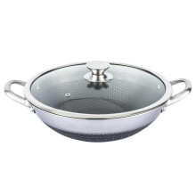4BIG.fun Stainless Steel Wok Frying Pan 36 cm Non-Stick Honeycomb Structure Wok Pan with Glass Lid Asia Casserole Oven Safe Induction
