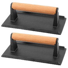 KWANJING 2 Pack 8 x 4 Inch Cast Iron Steak Weight, Flat Heavy Weight Grill Press with Wooden Handle, Steak Weights for Grill Burgers Bacon Bread