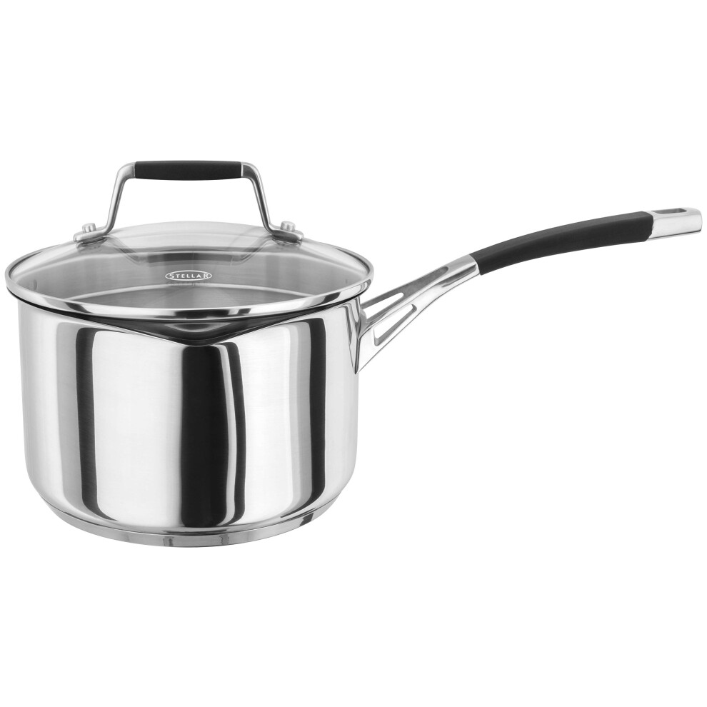 Stellar Flow Induction Pan With Lid, 18Cm Saucepan & Draining Pan Lid, 2.5 Litre Capacity, Stainless Steel Cooking Pot, Oven Safe Cookware