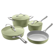 ProCook Soho Sage Green Cookware Set Ceramic Non Stick PFAS Free Aluminium Induction and Oven Safe 4 Piece Pots and Pans Set 18cm 24cm 26cm