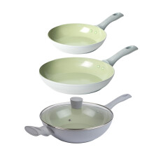 Salter Earth 3-Piece Frying Pan & Wok Set ? Includes 20/24 cm Frying Pan & 28 cm Wok with Glass Lid, Healthy Ceramic Non-Stick Coating, PFAS-Free