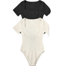 Zweiteiliger Damen-Body, sexy gerippt, einteilig, eckiger Ausschnitt, kurze Ärmel, Größe L