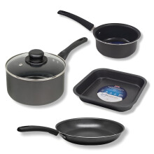 4-Piece Non-Stick Home Starter Cookware Set, 18cm Saucepan with Lid, 15cm Milk Pan, 24cm Frying Pan, 21cm Square Baking Pan, UK Made Perfect for