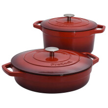 ProCook Red Cast Iron Casserole Dish Set with Self Basting Lids Induction & Oven Safe Modern Cookware - 2 Piece, 24/28 cm, 3.9/4.7 L