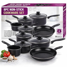 8 Piece Non Stick Cookware Set ? Carbon Steel Pots & Pans Set with Lids ? Saucepan Set, Frying Pan, Milk Pan ? Induction, Gas & Electric Hob
