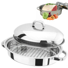 New 32cm Stainless Steel Roasting Tray Pan Set Lid Oval Kitchen Cooking Baking