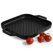 ProCook Matte Black Square Cast Iron Griddle with Ridged Inner Base Enamel Coated Induction & Oven Safe Cookware - 26 x 26 x 3 cm