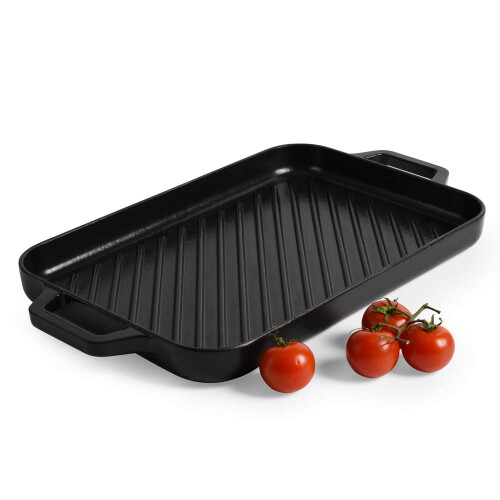 ProCook Matte Black Rectangular Cast Iron Griddle with Ridged Inner Base Enamel Coated Induction & Oven Safe Cookware - 36 x 24 x 3 cm
