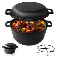 Joejis Dutch Oven 4.7L Pre-Seasoned Cast Iron Pot with 1.75L Multiuse Lid Suitable for Oven & All Hob Types - 2 in 1 Cast Iron Dutch Oven Pot for