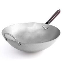 joeji's Kitchen Carbon Steel Wok 34.5cm - Round Bottom - Detachable Wood Handle - Traditional Hand Hammered Style - Commercial Grade - Heavy Sturdy