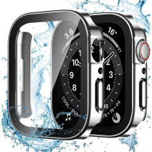 2 Pack Protective Cover Compatible with Apple Watch Series 45mm with Tempered Glass,Waterproof Hard PC Straight Edge High Sensitivity,Silver