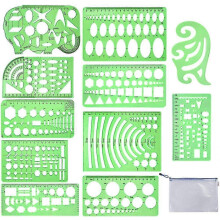 11 gabarits de dessin géométrique, pochoirs, règles de mesure en plastique transparent vert, compatibles avec le dessin technique et le bâtiment.
