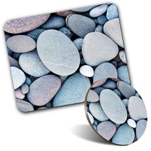 Rectangle Mouse Mat & Round Coaster Set - Pebbles Stones Seaside Beach 20 cm & 9 cm for Computer & Laptop, Office, Gift, Non-slip Base #15859