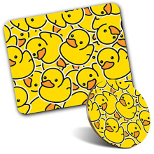 Rectangle Mouse Mat & Round Coaster Set - Yellow Rubber Ducks Duckling 20 cm & 9 cm for Computer & Laptop, Office, Gift, Non-slip Base #2078