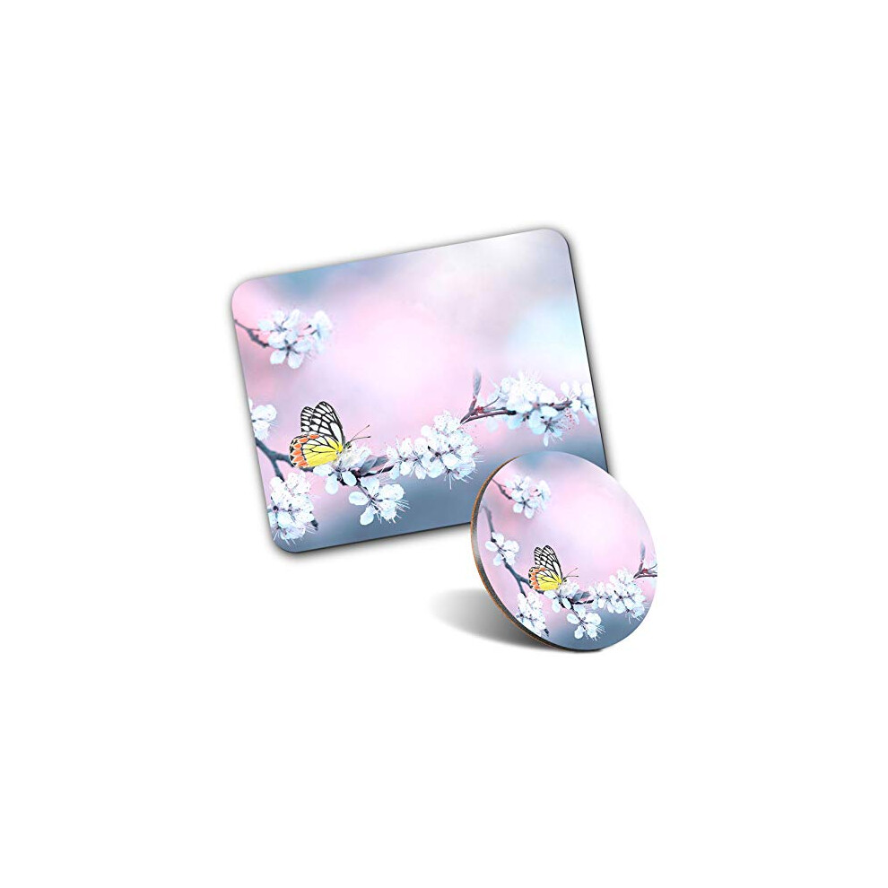 Rectangle Mouse Mat & Round Coaster Set - Butterfly Cherry Blossom 20 Cm & 9 Cm For Computer & Laptop, Office, Gift, Non-Slip Base #2629 Pink 7626024359776