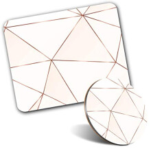Rectangle Mouse Mat & Round Coaster Set - Pink Copper Metallic Effect Art Deco 20 cm & 9 cm for Computer & Laptop, Office, Gift, Non-slip Base #21392