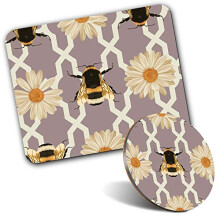 Rectangle Mouse Mat & Round Coaster Set - Art Deco Bumble Bee Flower 20 cm & 9 cm for Computer & Laptop, Office, Gift, Non-slip Base #2139