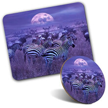Rectangle Mouse Mat & Round Coaster Set - Wild Zebra Herd Africa Safari Animals 20 cm & 9 cm for Computer & Laptop, Office, Gift, Non-slip Base #24464