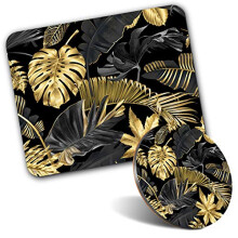 Rectangle Mouse Mat & Round Coaster Set - Gold & Black Tropical Leaf Print 20 cm & 9 cm for Computer & Laptop, Office, Gift, Non-slip Base #24546