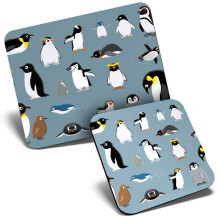 Mouse Mat & Coaster Set - Cartoon Penguin Mixture Kids Pattern 23.5 x 19.6 cm & 9 x 9 cm for Computer & Laptop, Office, Gift, Non-slip Base #44533