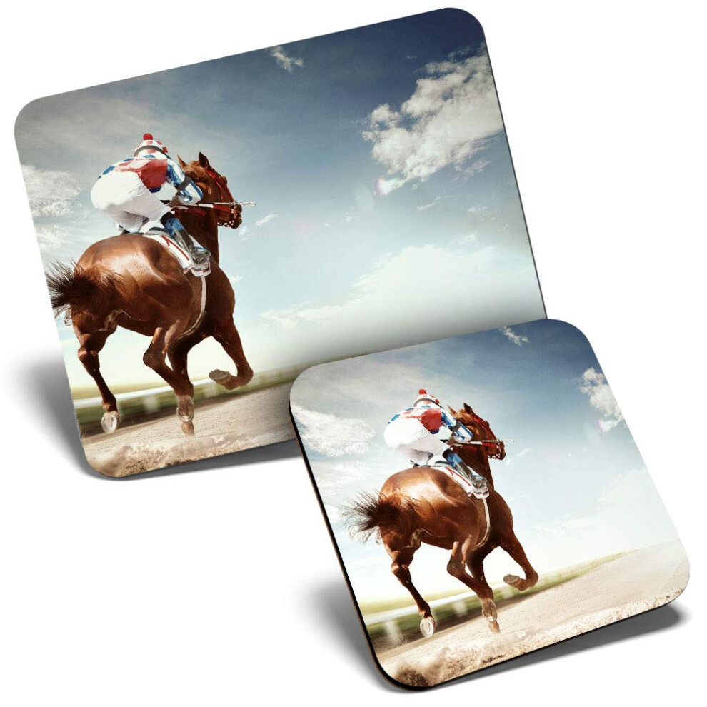 Mouse Mat & Coaster Set - Horse Racing Equestrian Jockey 23.5 X 19.6 Cm & 9 X 9 Cm For Computer & Laptop, Office, Gift, Non-Slip Base #13263 7626049692698