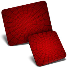 Mouse Mat & Coaster Set - Red Spider Web Man Superhero Kids Teen 23.5 x 19.6 cm & 9 x 9 cm for Computer & Laptop, Office, Gift, Non-slip Base #24241