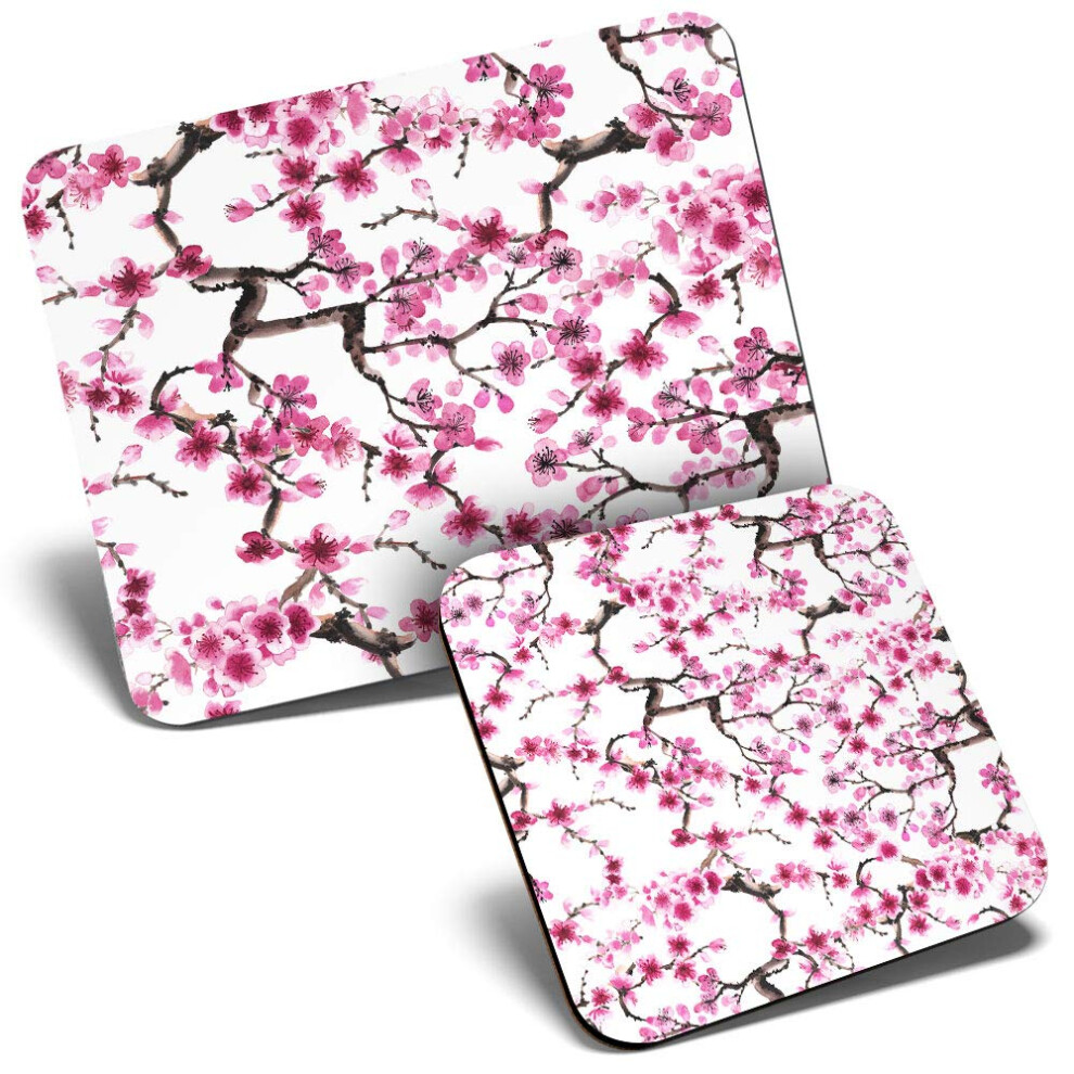 Mouse Mat & Coaster Set - Pretty Cherry Blossom Tree Flower 23.5 X 19.6 Cm & 9 X 9 Cm For Computer & Laptop, Office, Gift, Non-Slip Base #8719 Pink 7626049857189