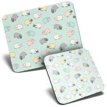 Mouse Mat & Coaster Set - Cartoon Sheep Lamb Farming 23.5 x 19.6 cm & 9 x 9 cm for Computer & Laptop, Office, Gift, Non-slip Base #15607