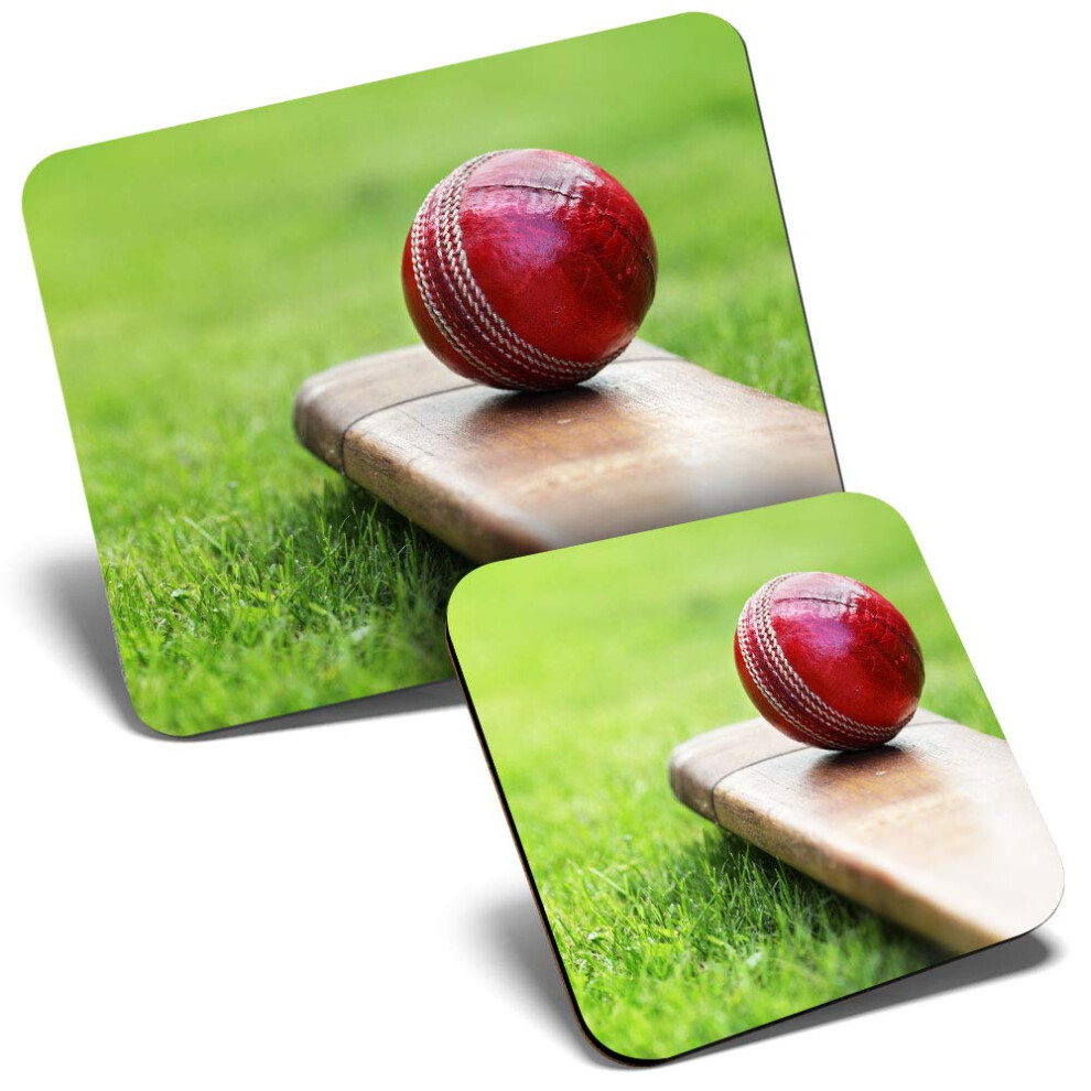 Mouse Mat & Coaster Set - Cricket Bat Ball Sports Men Boys 23.5 X 19.6 Cm & 9 X 9 Cm For Computer & Laptop, Office, Gift, Non-Slip Base #8267 Red 7626049843748