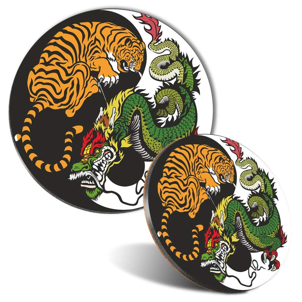 Mouse Mat & Coaster Set - Yin Yang Tiger Dragon Chinese Karate 20 Cm & 9 Cm For Computer & Laptop, Office, Non-Slip Base #4741 7626023190493