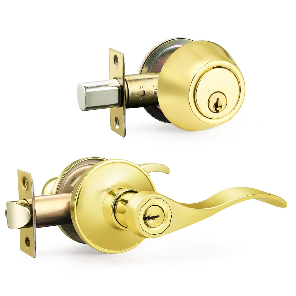 Entry Door Lock Set Polished Brass, Keyed Alike Single Cylinder Deadbolt With Wave Style Handle For Exterior Doors 9771547050278