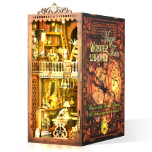 DIY Book Nook Kit, 3D Wooden Miniature Dollhouse with LED Lights, Magical Library Bookshelf Insert Model Craft for Adults & Teens