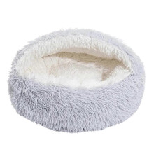 (40cm, Grey) Pet Shell Nest Bed Warm Calming Cat Cave Bed with Hooded Cover Semi Enclosed Fluffy Plush Lined Round Bed for Small Medium Pets