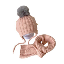 (Pink) 2 Pcs Kids Winter Hat Scarf Set Soft Cable Knitted Pom-Pom Hat Warm Scarf Set for Boys Girls Toddlers