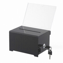 A secure donation box with a lock and a sign holder for fundraising, voting, and suggestion collection.