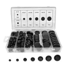 A 170-Piece Rubber Grommet Assortment Kit in 7 Sizes, a Firewall Hole, Electrical Wire Gasket, and Solid Hole Plugs Set.