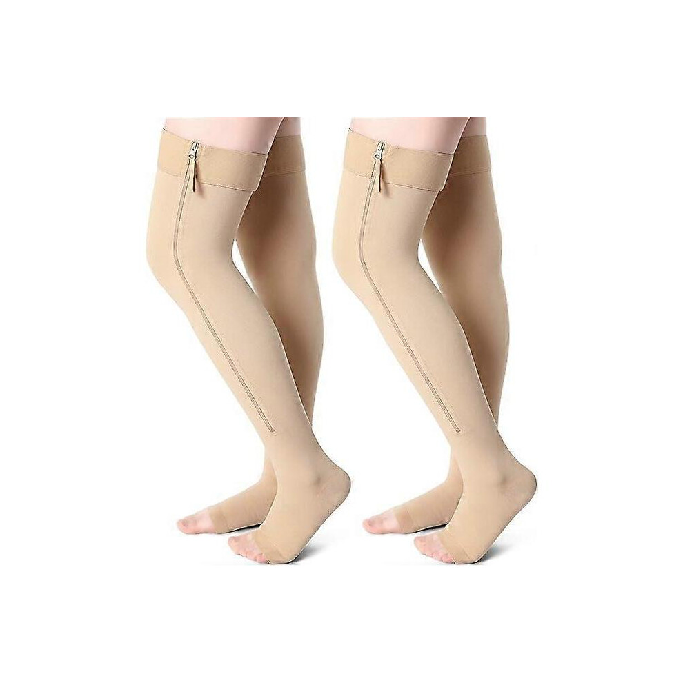 (Medium, Open Toes) 2 Pairs Open Toe Thigh High Zipper Compression Socks 20-30 Mmhg Zipper Compression Stockings Thigh High For Women Men-image