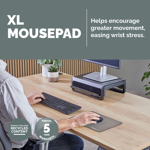 Fellowes Fellowes Breyta Extra-Large Ergonomic Mousepad Grey - Non-Slip Rubber Base, Durable Stitched Edges, Microban? Protection, Eco-Friendly, and Optimized 1