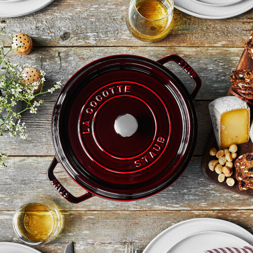 Staub 4 quart round cocotte, grenadine. 1
